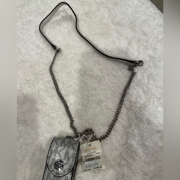 NWT Michael Kors Lipstick Logo Case Holder - Silver with silver chain - Picture 3 of 5